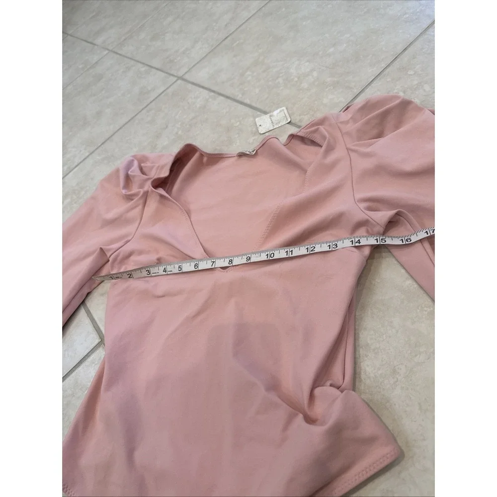 New Free People Intimately Pale Pink Bodysuit Puff Long Sleeve Deep V Size S NWT